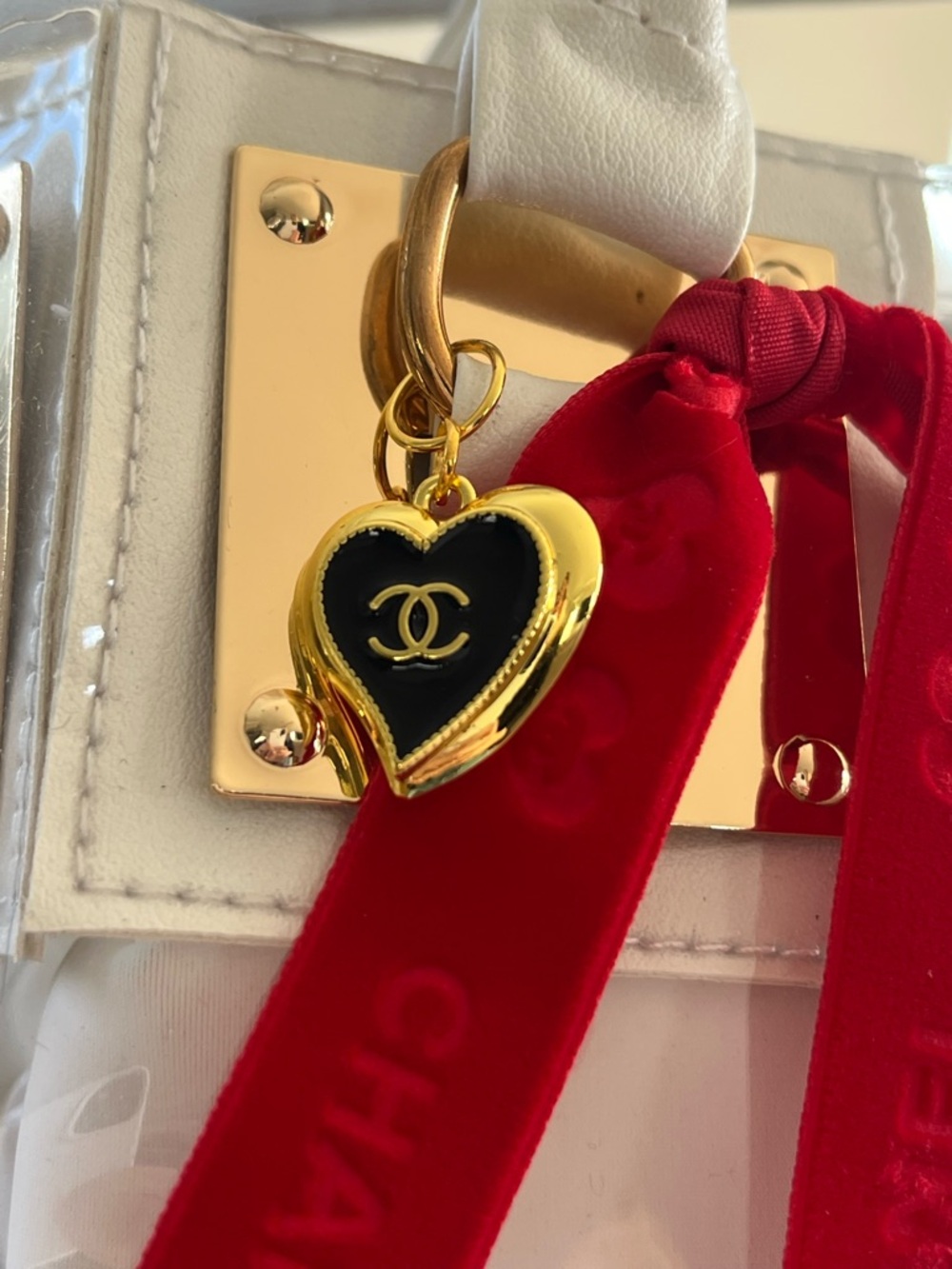 Custom Upcycled Chanel Beauté Clear Bag w Authentic Charms, Ribbon & Makeup Bag - Picture 11 of 16